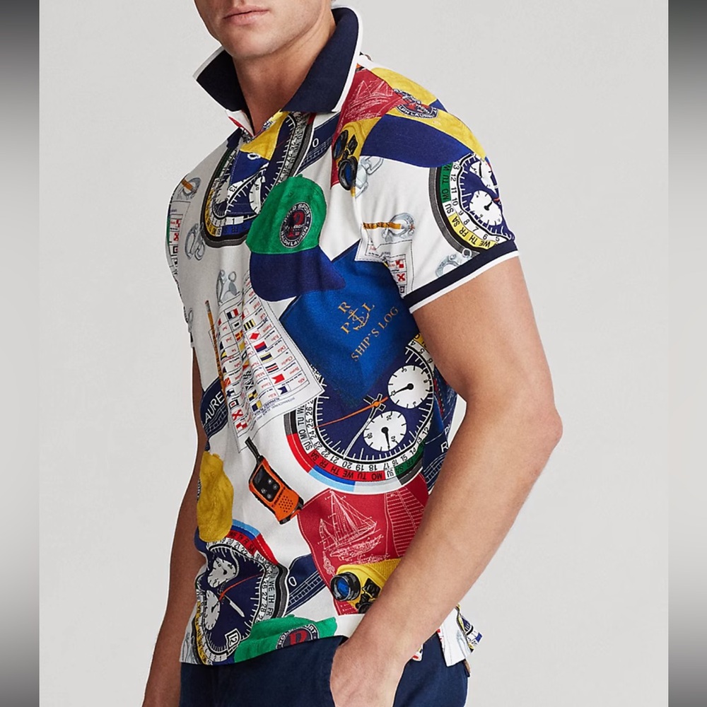 The Nautical Racing Polo Shirt In White Ships Log Print Size M